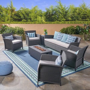 Christopher Knight Home Brynnli Outdoor Wicker and Lightweight Concrete 7 Seater Sofa and Club Chair Chat Set with Fire Pit - 1 of 4