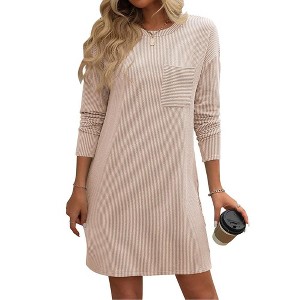 Coolmee Women Spring Fall Fashion T Shirt Mini Dresses Long Sleeve Crewneck Striped Casual Short Dress with Pockets - 1 of 4
