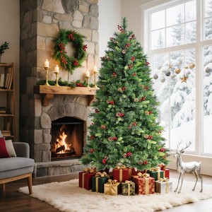 Prelit Pencil Christmas Tree 6 FT with Pine Cones & Berries, Slim Fraser Fir Tree w/700 Branch Tips & 350 Lights for Home, Office, Party Decoration - 1 of 4