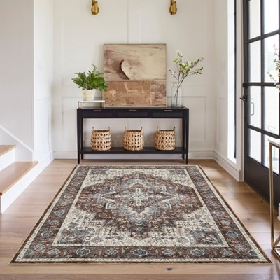 8x10 Rug Vintage Medallion Washable Rug Non Slip Backing Carpet Oriental Distressed Floor Cover Low Pile Ultra-Soft Carpet for Bedroom Living Room