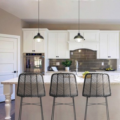 Tropical Chic Black Rattan and Metal High-Back Bar Stool