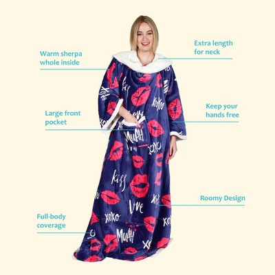 Catalonia Blue and Red Fleece Sherpa Wearable Blanket with Sleeves