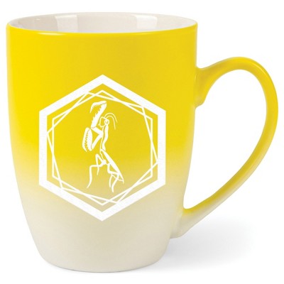 Elanze Designs 12 Ounce Ceramic Decorative Laser Engraved Geometric Design Giftable Novelty Tea Coffee Cup Mug Yellow and White Praying Mantis