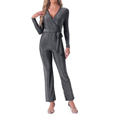 Allegra K Women's Sparkly V Neck Long Sleeve Belt Night Party Clubwear Giltter Jumpsuits