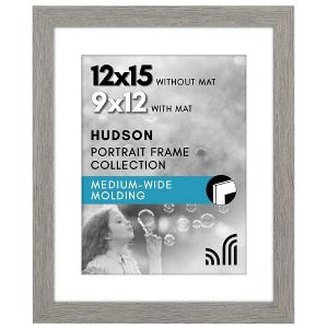 Americanflat 12x15 Picture Frame with Shatter-Resistant Glass - Use as 9x12 Frame with Mat or 12x15 Frame without Mat - Hudson Collection - Grey Wood - 1 of 4