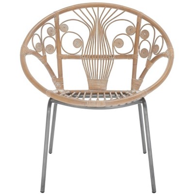 Transitional Grey Floral Rattan Accent Chair with Metal Legs