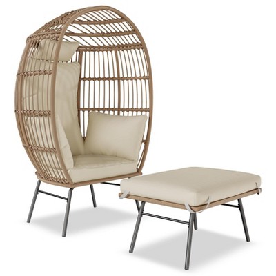 Patio Egg Chair Outdoor with Ottoman - Wicker Egg Chair Oversized Patio Lounge Chairs with Cushions