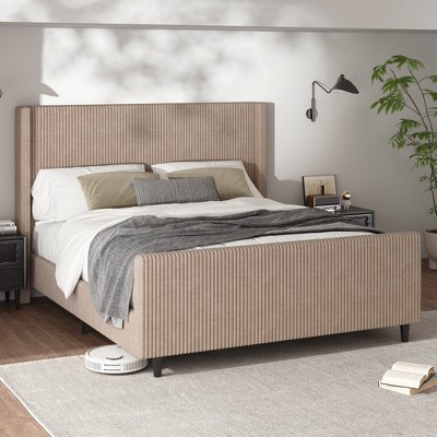 Merax Luxurious Corduroy Upholstered Bed Frame with Vertical Stripe Wingback Headboard