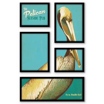 Americanflat Pelican Pub 5 Piece Grid Wall Art Room Decor Set - Vintage Animal Modern Home Decor Wall Prints