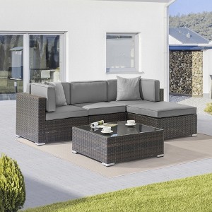 Sonkuki 5-Piece Patio Conversation Sets, Brown Ratten Sectional Sofa Set with Cushion - 1 of 4