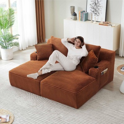 Aukfa 71"Modern Corduroy Double Chaise Lounge Sofa with 2-Pillows,No Assembly Required with Cup Holders