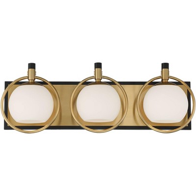 Possini Euro Design Modern Wall Mount Light Brass Black Hardwired 26" Wide 3-Light Vanity Fixture White Glass Globe Bathroom Home