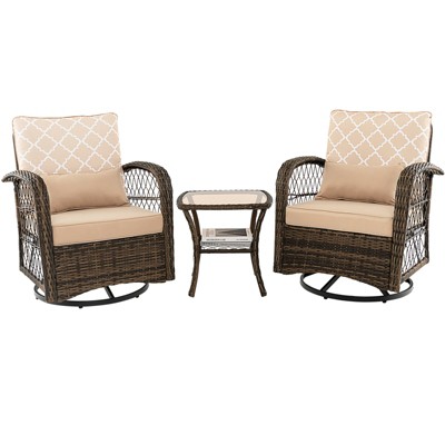 Tangkula Set of 3 Wicker Swivel Rocker Set 2 Rocking Chairs w/Coffee Table