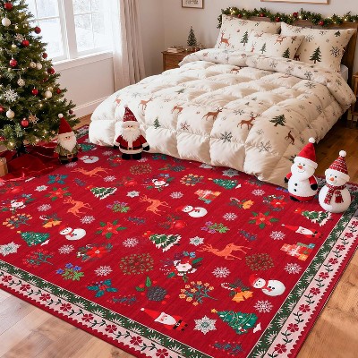 Christmas Living Room Rug Xmas Reindeer Snowman Tree Rug Washable Area Rug Soft Low Pile Non-Slip Area Rug
