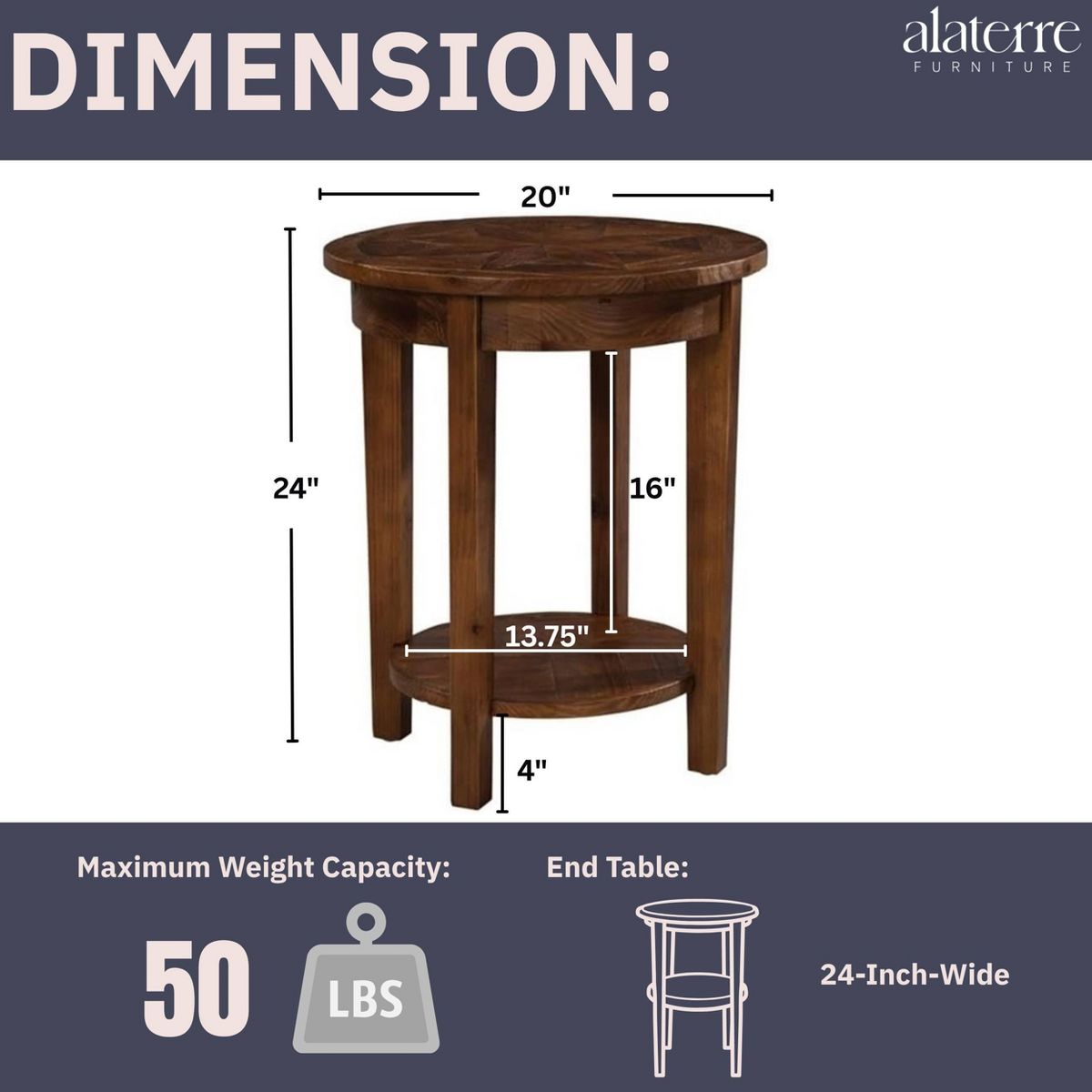 Alaterre Furniture 20-inch Round End Table, Natural, Living Room Furniture, Storage & Shelf - thumbnail 4