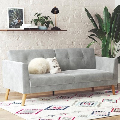 Elegant Gray Velvet Tufted Sofa with Sleek Wood Legs