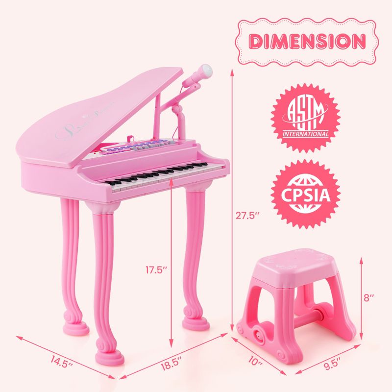 Costway 37 Keys Kids Piano Keyboard Toy Toddler Musical Instrument w/ Stool & Microphone Pink\Black, 3 of 10