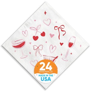 Big Dot of Happiness Drinks with the Girls Napkins, Galentine's Day or Bows, Hearts, Cherries Birthday, White 3-Ply Paper Luncheon Napkins - 24 Count - 1 of 4