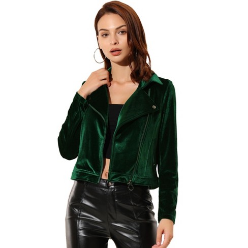 Allegra K Women s Velvet Zipper Lapel Collar Moto Biker Jacket Green Small