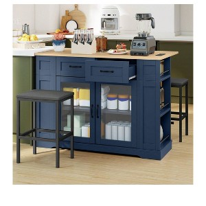Kitchen Island Cart with Drop Leaf, Mobile Storage Island with 2 Bar Stools & Charging Station - 1 of 4