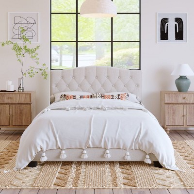 Platform Bed Frame,Beige Upholstered Linen Fabric Platform Wooden Bed Frame With Saddle Curved Headboard And Diamond Tufted Details-Cuddlewood