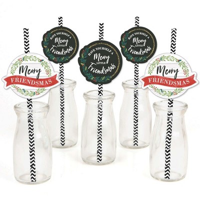 Big Dot of Happiness Rustic Merry Friendsmas - Paper Straw Decor - Friends Christmas Party Striped Decorative Straws - Set of 24