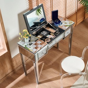HDZNVF Mirrored Makeup Vanity Desk with Crushed Diamond Inlay, Silver Dressing Table with Flip-Top Mirror, Silver - 1 of 4