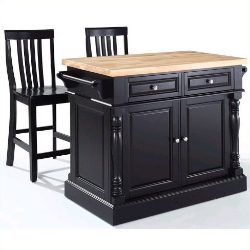 Oxford Butcher Block Top Kitchen Island With Stools In Black