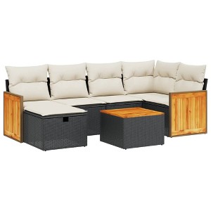 vidaXL 7 Piece Patio Sofa Set with Cushions Black Poly Rattan - Black and Cream without Storage - 1 of 4