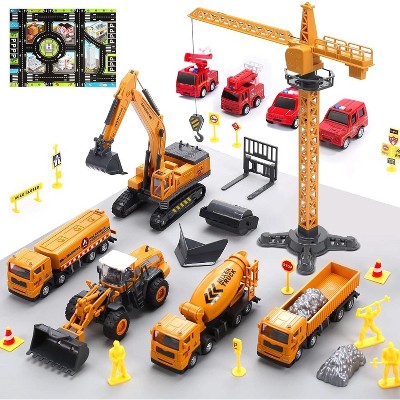 Skirfy Construction Vehicle Toy Engineering Truck Playset with Playmat, Crane, Excavator, Tractor, Dump Truck, 4 Firetrucks