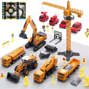 Skirfy Construction Vehicle Toy Engineering Truck Playset with Playmat, Crane, Excavator, Tractor, Dump Truck, 4 Firetrucks - 1 of 4