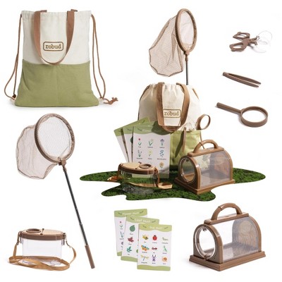ROBOTIME Nature Exploration Toys, Kids Explorer Kit with Butterfly Net and Bugs Book, Educational Camping Gear for Kids, Green, 11.42"*6.69"*9.25"