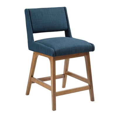 Navy Blue Pecan Wood Upholstered Counter Stool with Cushion