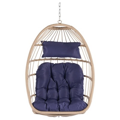 NAYSAYE Patio Swing Rattan Egg Hanging Chair with Wood Frame for Outdoor Garden Relaxation, Dark Blue, 28.5"*55.6"*24"