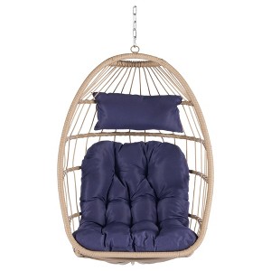 NAYSAYE Patio Swing Rattan Egg Hanging Chair with Wood Frame for Outdoor Garden Relaxation, Dark Blue, 28.5"*55.6"*24" - 1 of 4
