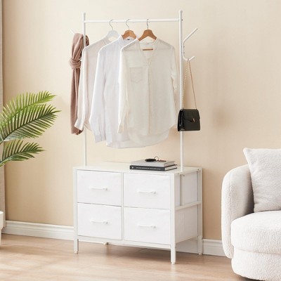 Industrial Metal Frame Clothes Rack with 4 Removable Drawers, Adjustable Feet, Hanging Rod & 2 Side Hooks