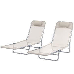 2 Piece Sun Loungers, Folding Chaise Lounge Chairs with Reclining Back, Breathable Mesh Seat, Headrest - 1 of 4