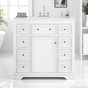 Mshliw 36" Bathroom Vanity with Ceramic Sink, Freestanding Cabinet with 6 Drawers and Adjustable Shelf(White) - 1 of 4