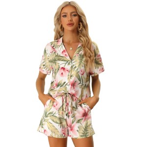 Allegra K Women's Floral Tropical Vacation Beach Hawaiian Button Down Shirt and Short Set - 1 of 4