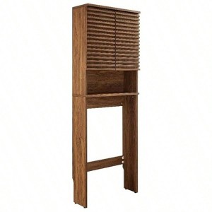 Modern Toilet Storage Cabinet in Walnut with Open Shelf and 2 Soft - Close Doors Wall Mounted Linen Organizer Adjustable Shelves - 1 of 4