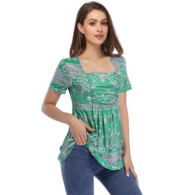 Printed Square Collar Pleated A-Sleeve Short Sleeve Simple Knit T-Shirt Top