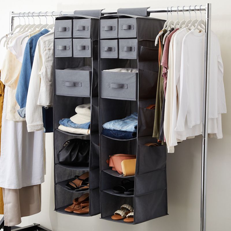 Juvale 2-Pack 7-Shelf Hanging Closet Organizer with 5 Drawers, 4 Shelves, & 4 Side Pockets, Foldable Non-Woven Cloth Storage, 11.8x11.8x51.0in, Gray, 2 of 8