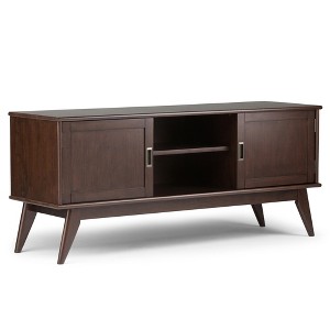 60" Solid Rubberwood Hardwood Mid Century Modern Low TV Media Stand with Cord Management, Adjustable Shelves and Antique Brass Hardware - 1 of 4
