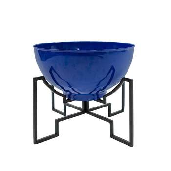 ACHLA Designs 16" Wide Planter Bowl Galvanized Steel with Black Wrought Iron Plant Stand French Blue