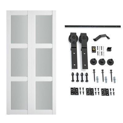 SMARTSTANDARD Bifold Barn Door 84 in. Height 3-Lite Frosted Glass MDF Bi-fold Sliding Closet Doors with Hardware Kit Included, Predrilled