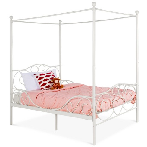 Best Choice Products 4 Post Metal Canopy Twin Bed Frame W Heart Scroll Design 14 Slats Headboard Footboard White Target