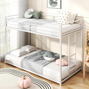 Zevemomo Twin Over Twin Bunk Bed, Metal Low Profile Bunkbeds with Full-Length Guardrail and Ladder, Space Saving, No Boxing Spring Needed, White - 1 of 4