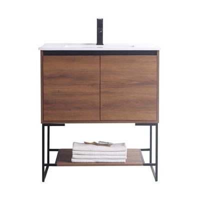 30" Walnut and White Glossy Bathroom Vanity with Shelf