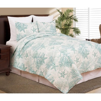 Twin Blue Microfiber Reversible Coastal Quilt Set