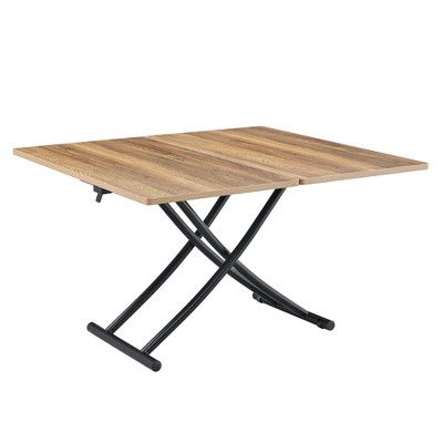 Vynxaria Modern Minimalist Multifunctional Lift Table Wood-Textured 0.8" MDF Top, Black Metal Legs, 18.3"-29" Height, Rounded Corners